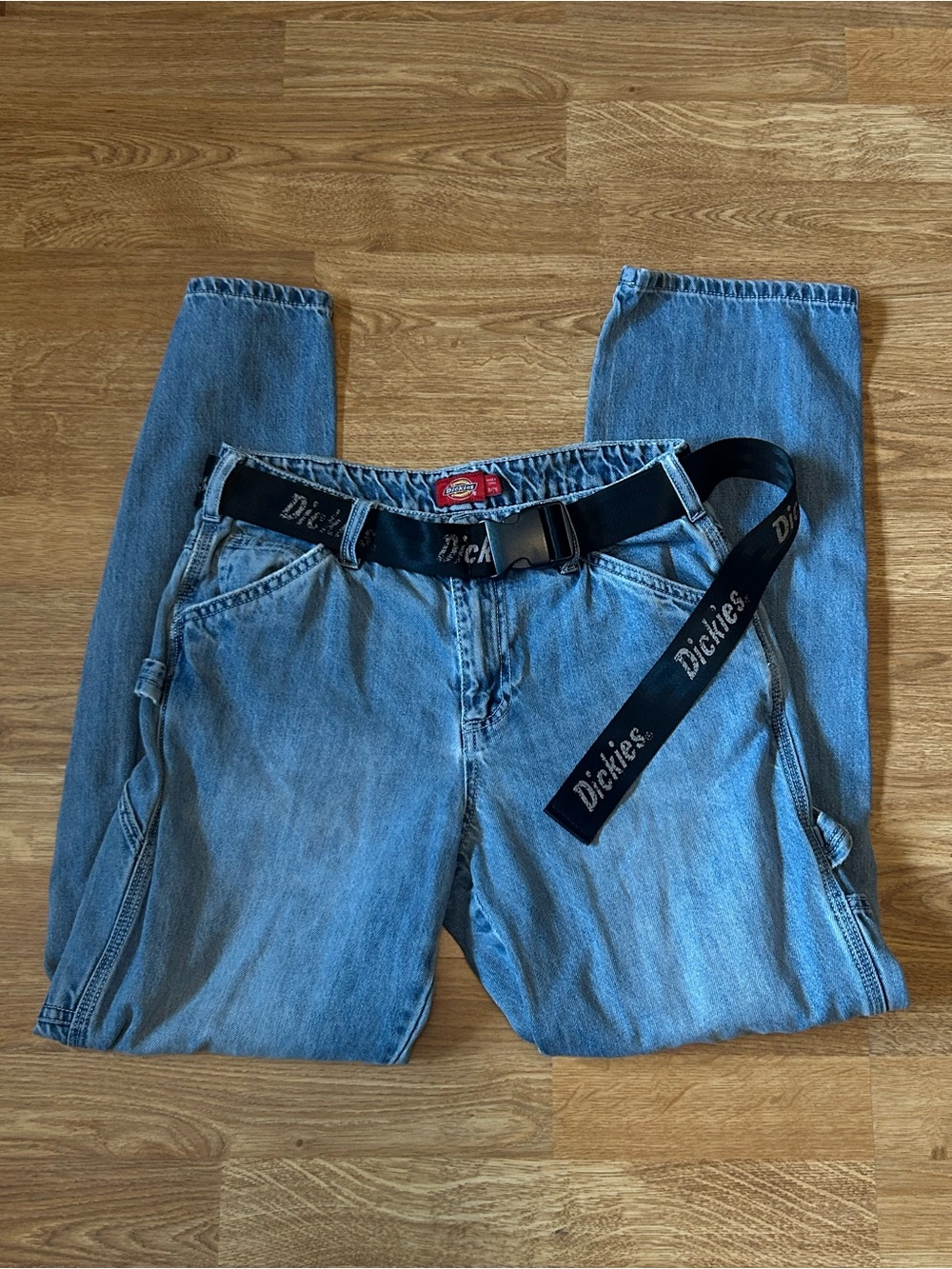 Dickies Women’s Light Blue High-Rise Carpenter Jeans with Logo Belt